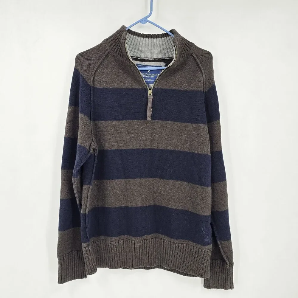 American Eagle Mens Heavy Knit LS 1/4 Zip Navy Stripe Sweater XL Preppy Academia